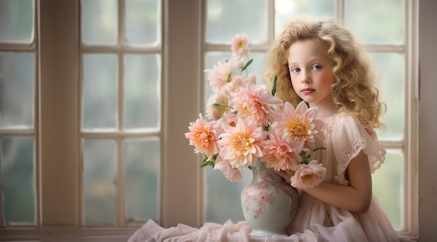 Krullend blond meisje met lentebloemen en boeket Kopieer ruimte Generatieve AI