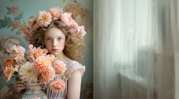 Krullend blond meisje met lentebloemen en boeket Kopieer ruimte Generatieve AI