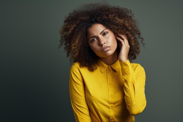 Krullend haar vrouw in gele top