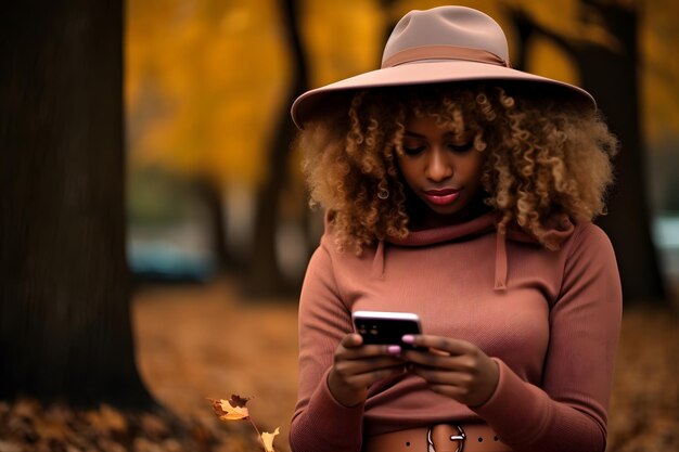 Krullende blonde Afro-Amerikaanse jonge volwassen vrouw met een hoed zittend op de grond in de gevallen herfst