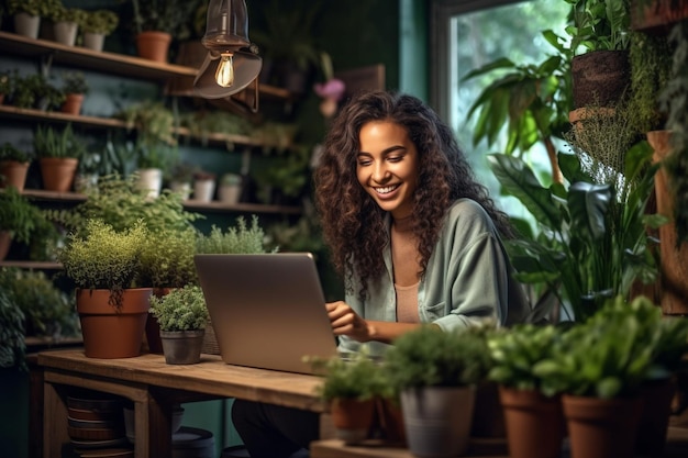 Krullende vrouw met een laptop in een kamer vol planten Generatieve AI
