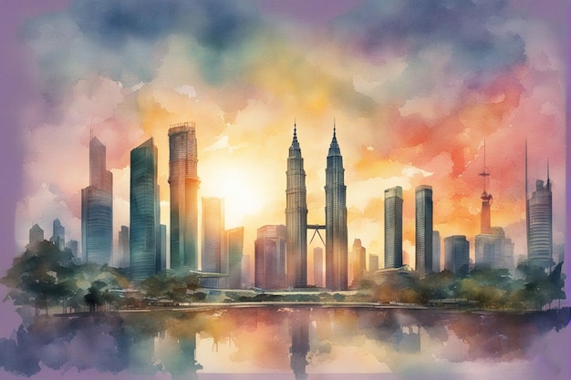 kuala lumpur city center KLCC in watercolor painting