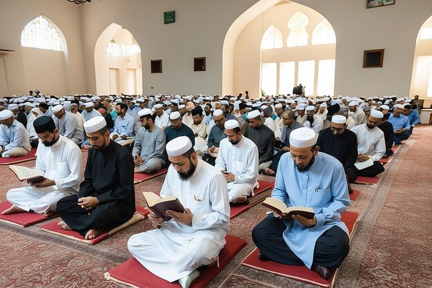 Photo kuala lumpur malaysia may 052019 a muslim group sitting and reading quran during quran hour and tadarus alquran mosque