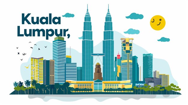Photo kuala lumpur skyline illustration with twin towers and sun