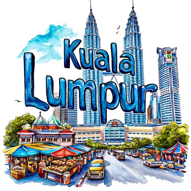 Kuala Lumpur Text With Futuristic and Metallic Typography De Watercolor Lanscape Arts Collection