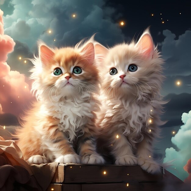 Kuataku two cute kittens on a cloud