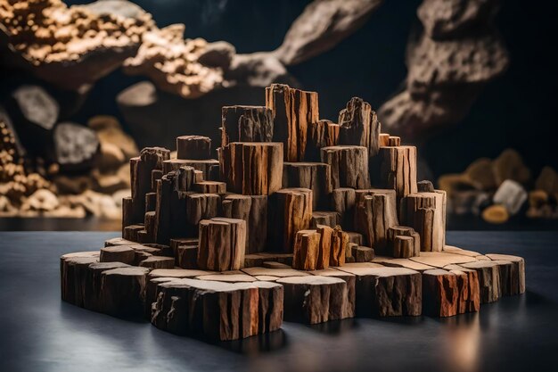 Kubieke houten rotspodiumachtergrond met steenkoralen in de hyperrealistische materialen van de fotostudio