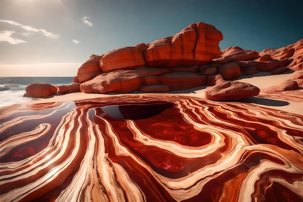 Kubieke red rock cosmetische podiumcompositie met agaat door de golvende oceaan hyperrealistische materialen