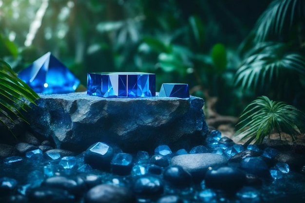 Kubieke titanium rock cosmetische podiumachtergrond met blauw kristal in de hyperrealistische materialen van het tropisch bos