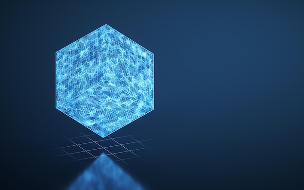 Kubus en blauwe gloeiende lijnen 3D-rendering