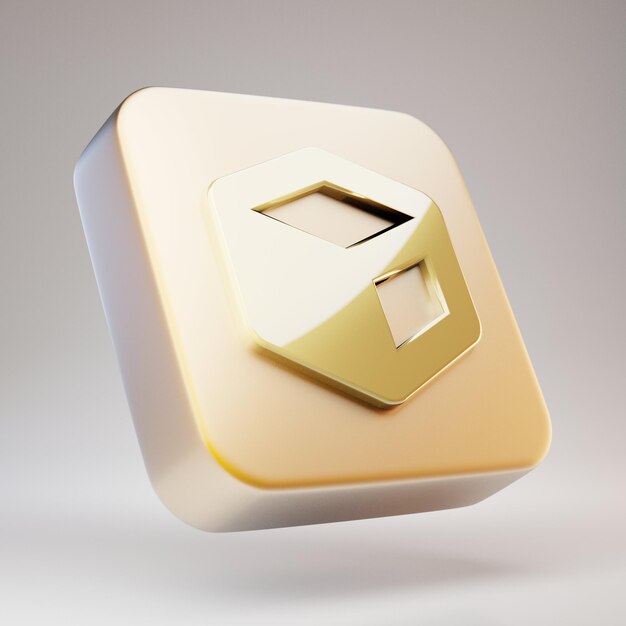Kubus pictogram. Gouden Kubussymbool op mat gouden plaat. 3D-gerenderde sociale mediapictogram.