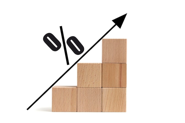 Kubussen in vormladder en pijl met percentages die naar boven groeien Concept prijsgroei