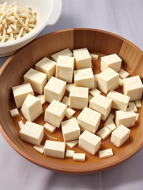 Foto kubussen rauwe tofu vallen op een witte achtergrond