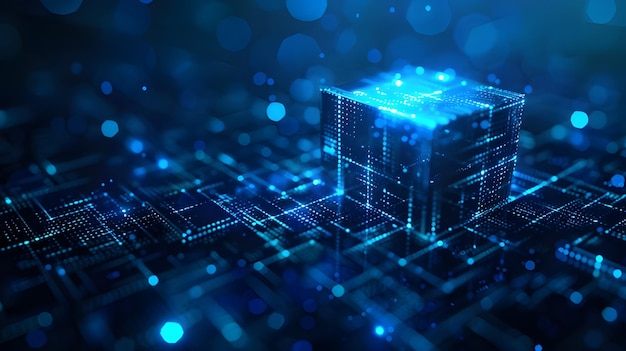 Kubustechnologie op convergerend punt van circuit met abstracte blauwe achtergrond Blockchain Network