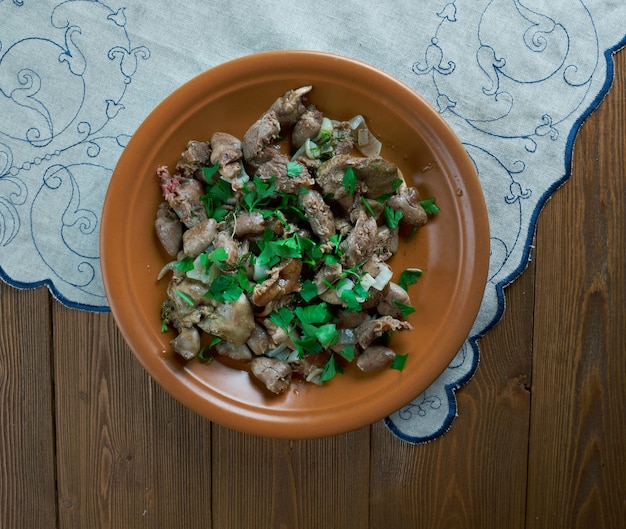 Kuchmachi - traditional Georgian dish of chicken livers, hearts and gizzards with walnuts