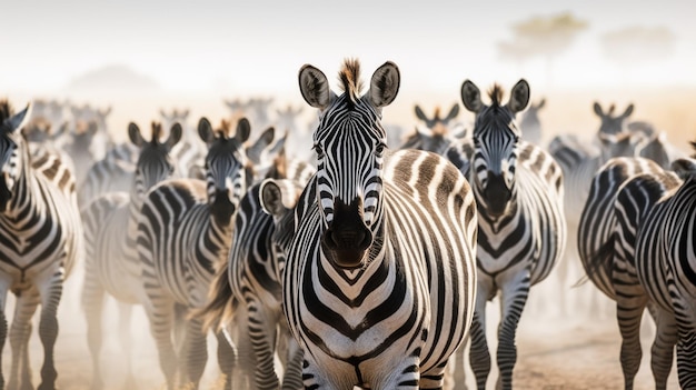 Kudde gestreepte zebra's staan in de wilde woestijn bij zonlicht