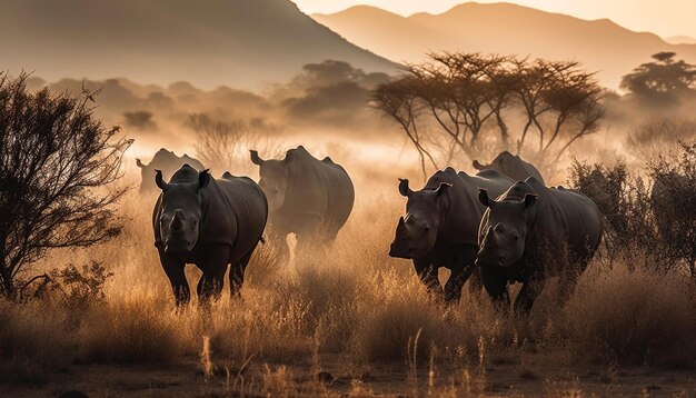 Kudde grazen op savanne bij zonsondergang natuurreservaat in Afrika gegenereerd door AI