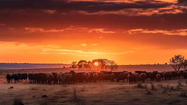 Kudde koeien grazen in de wei bij zonsondergang gemaakt met generatieve ai-technologie