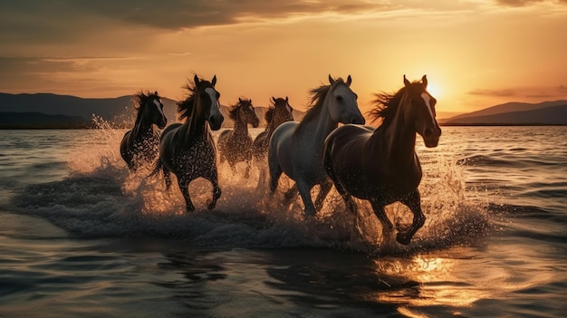 Kudde paarden galopperen in de zee bij zonsondergang in de zomer