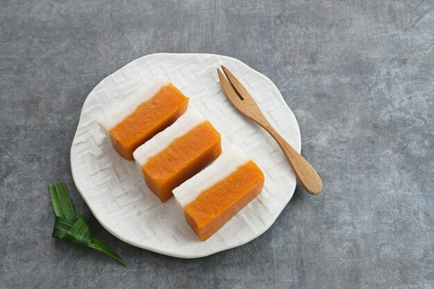 Kue Talam Ubi, Indonesian traditional snack made from sweet potato, flour and coconut milk.