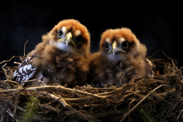 Kuikens in nest met grote ogen en hongerig naar voedsel gemaakt met generatieve AI