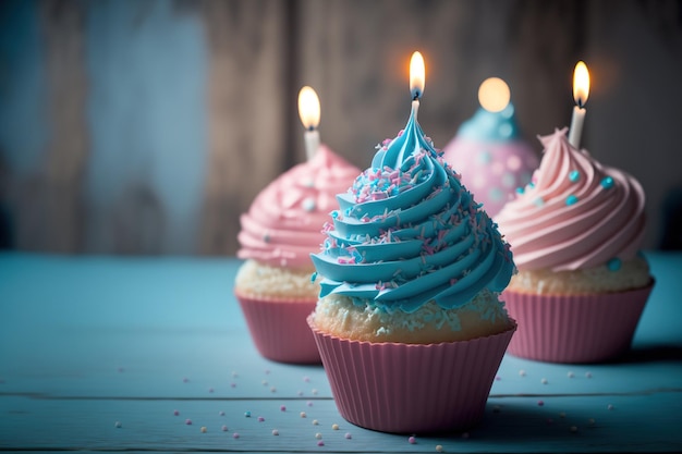 ククハッピーバースデー おいしいカップケーキにピンクのクリームのフロスティングをトッピングし、ケーキの中にろうそくを振りかけます 青い背景の白い木製のテーブルにボケ味のある甘いデザート コピー sp