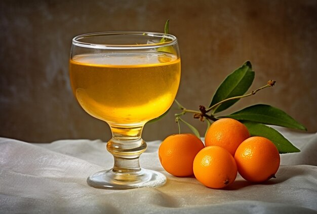 Kumquat liqueur with kumquat on light background Greek kumquat tincture