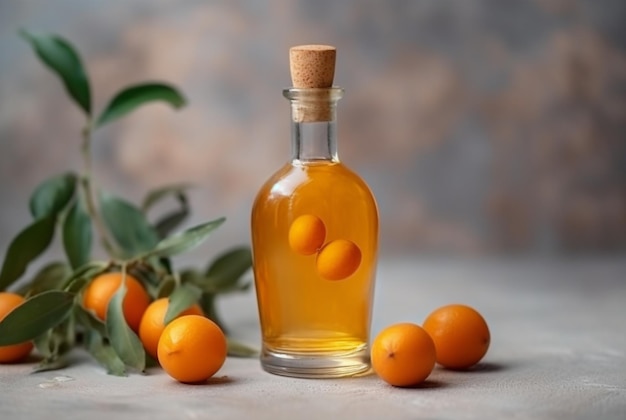 Kumquat liqueur with kumquat on light background Greek kumquat tincture