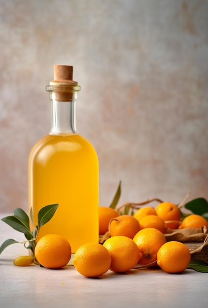 Kumquat liqueur with kumquat on light background Greek kumquat tincture