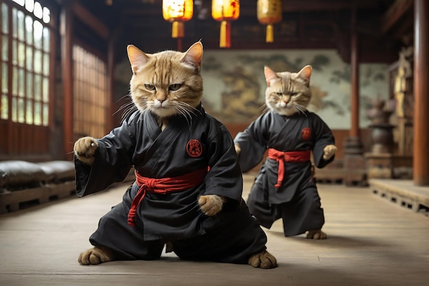 Photo kung fu cats dressed in kimono and a red belt in monk school dojo