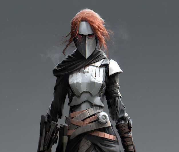 Kung fu master with red hair and black armor in a grey background