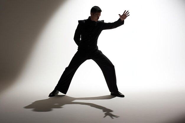 Kung Fu Mastery Black Figure Shadow Boxing on White Background