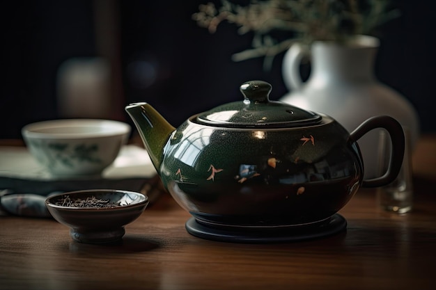 写真 暗い背景に中国の茶道のカンフー茶