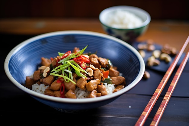 Foto pollo kung pao in una ciotola con arachidi