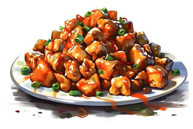 Kung pao chicken depicted in a digital painting with white background Generative AI