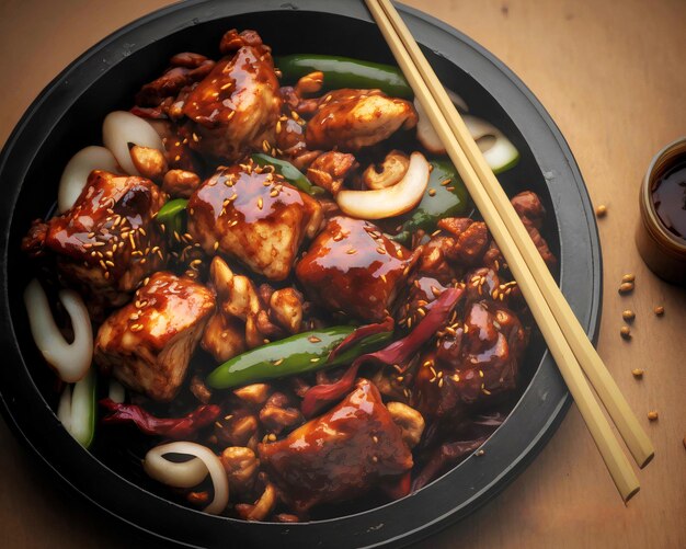 Foto carne di pollo kung pao, cibo cinese, sul tavolo con bacchette, peperoncino, verdure e arachidi