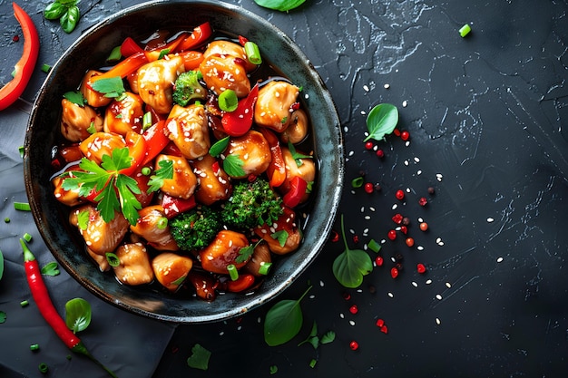 Kung Pao Chicken Top View Presentation on Black Background in Chinese Cuisine Concept Food Photography Kung Pao Chicken Chinese Cuisine Top View Presentation Black Background