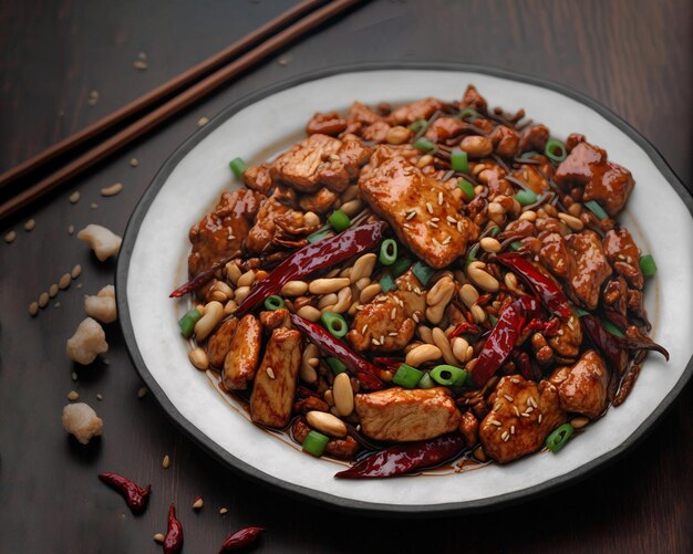 Photo kung pao chicken in a white plate, sitting on a table with nuts on the side
