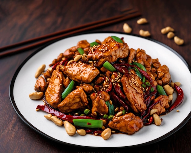 Photo kung pao chicken on a white plate, sitting on a wooden table