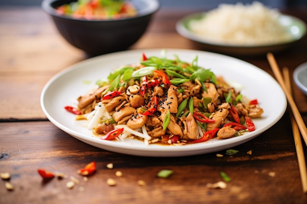 Kung pao chicken with red pepper flakes on top