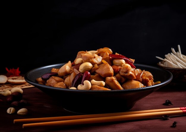 Kung pao chicken with sliced water chestnuts and bamboo shoots