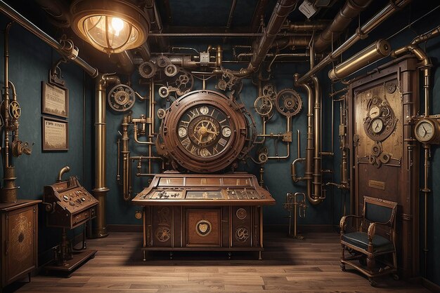 Kunst in een steampunk-thema escape room met mechanische elementen mockup