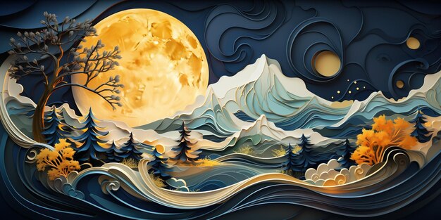 Kunst muurschildering behang met donkerblauwe en gouden golf achtergrond gouden kerstboom en bergen gouden maan