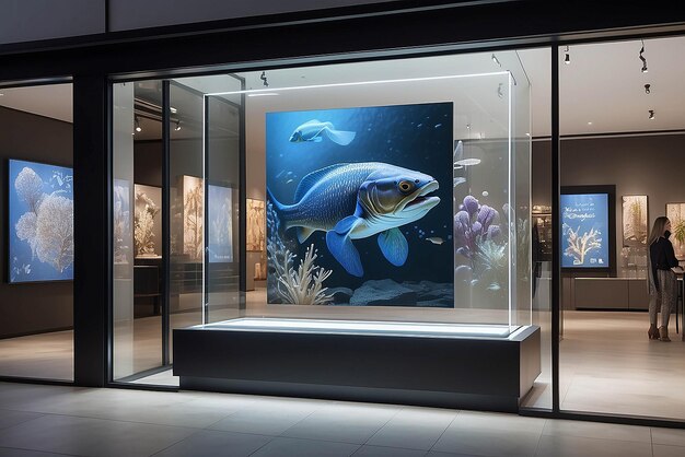 Foto kunst op een doorzichtig oled-vensterdisplay in een winkelruimte met een mockup van interactieve functies