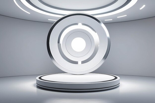 Foto kunst op een roterend cirkelvormig scherm in een futuristische showroom mockup met lege witte lege ruimte voor het plaatsen van uw ontwerp