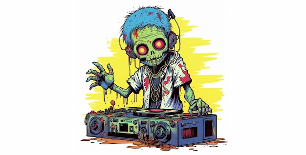 Kunst t-shirt ontwerp schattig zombie DJ schilderen behang