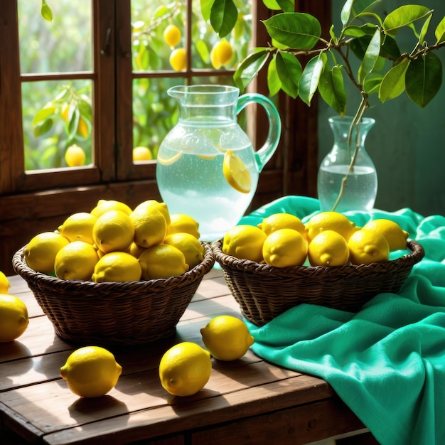 Kunst van de natuur heerlijke verse biologische citroenen in mand op tafel met kruik met limonade op houten