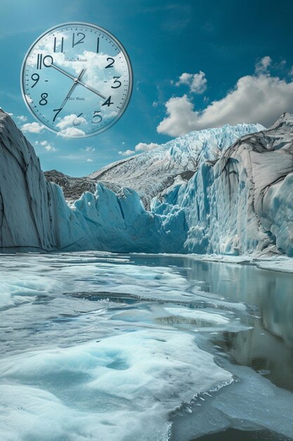 kunst van een smeltende gletsjer met een klok overlay