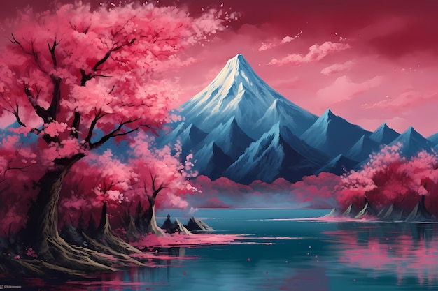 kunst van fuji-bergen in japan sakura roze bladeren in de natuur gegenereerd ai