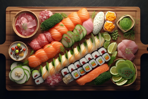 Kunst van Sushi Vibrant TopDown Afbeelding van kunstzinnig gerangschikt Sushi Plate